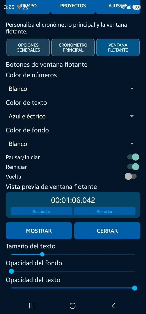 Ajustes de la ventana flotante