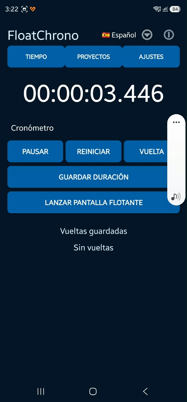 Pantalla principal de FloatChrono con cronómetro y controles